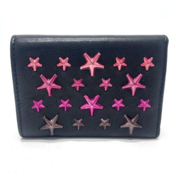 JIMMY CHOO Star studs Wallet Compact Mini Wallet Trifold wallet Leather Black - Picture 5 of 11